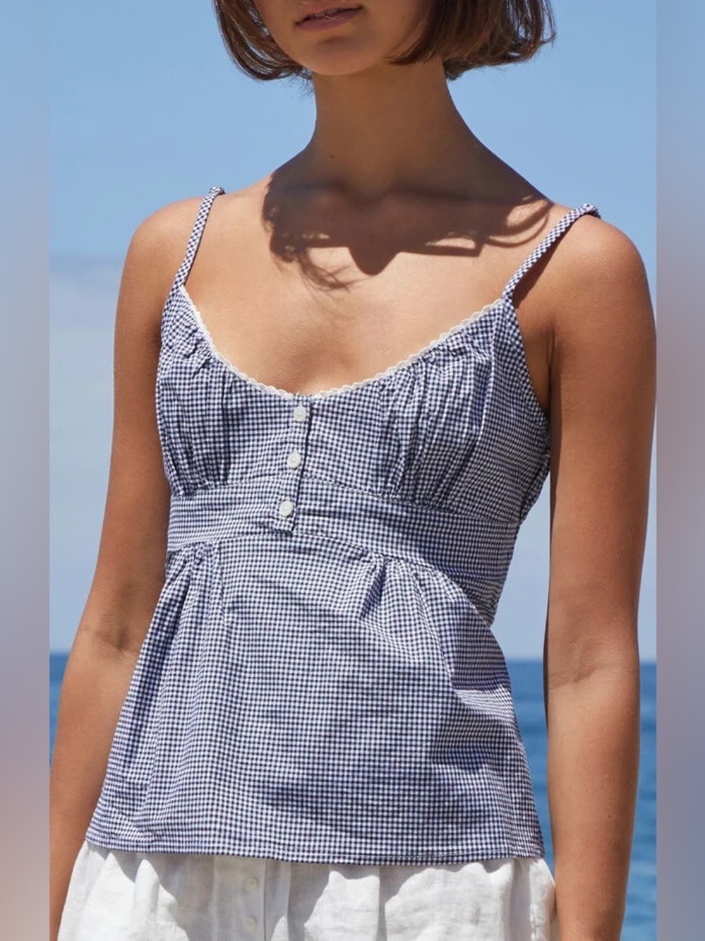 Brandy Melville Navy and White Gingham Button-Front Cami small